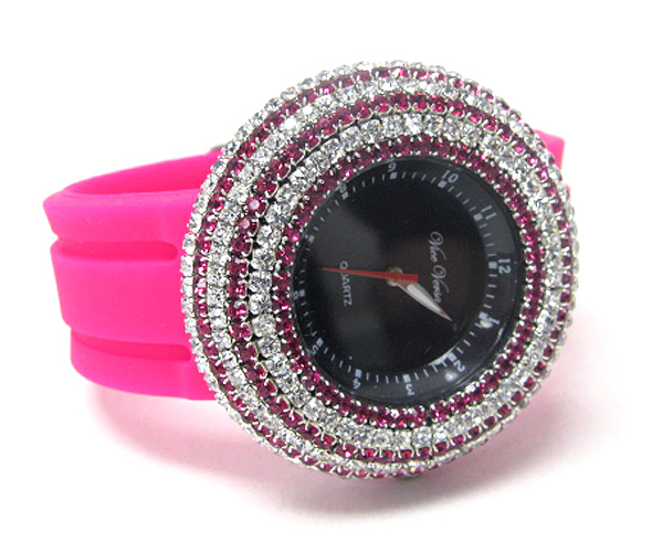 Multi crystal round face rubber band watch