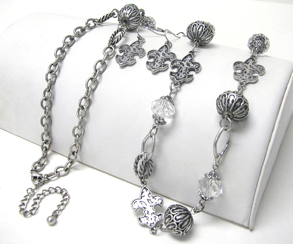 Multi fluer de lis and metal and glass ball link long necklace earring set