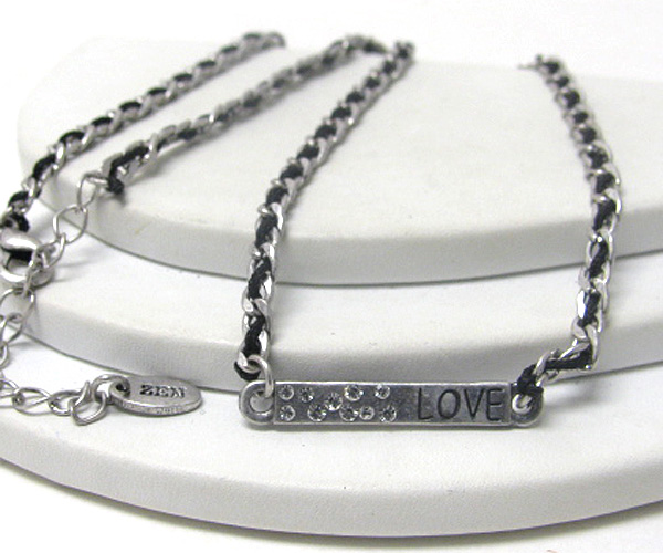 Crystal deco message metal plate chain and cord necklace