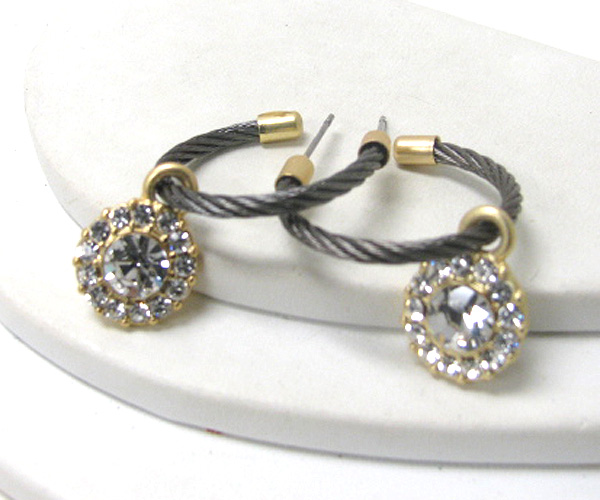 Crystal deco flower and metal cord hoop earrin