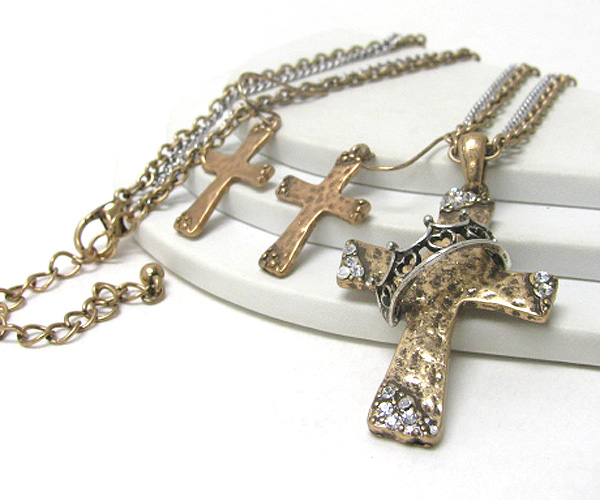 Texture metal art deco cross pendnt necklace earring set