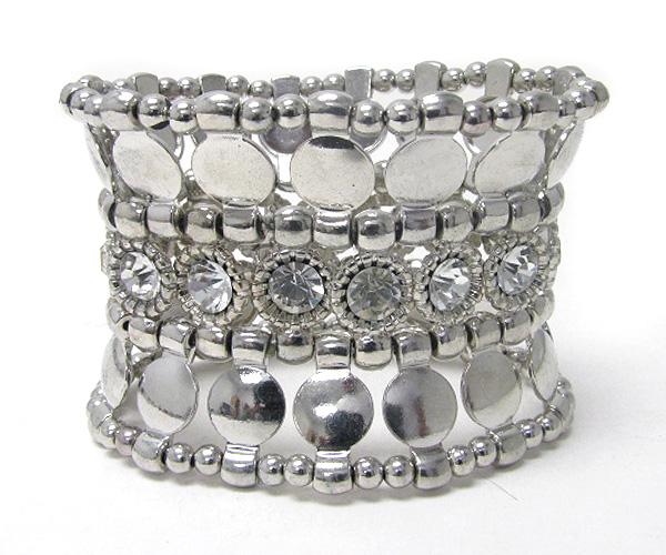 Crystal and multi metal disk link wide stretch bracelet