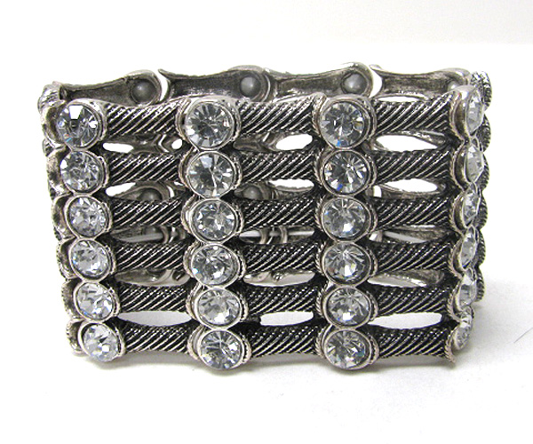 Crystal and metal bar link wide stretch bracelet