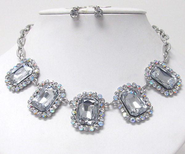 Facet glass and crystal egde deco and link necklace earring set