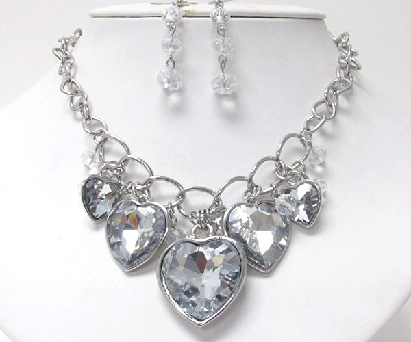 Multi facet glass heart drop necklace earring set