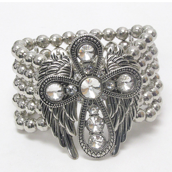 Glamour style crystal stud cross and wings metal ball stretch bracelet