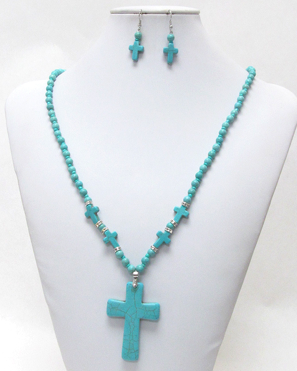 Turquoise cross pendant and ball necklace earring set