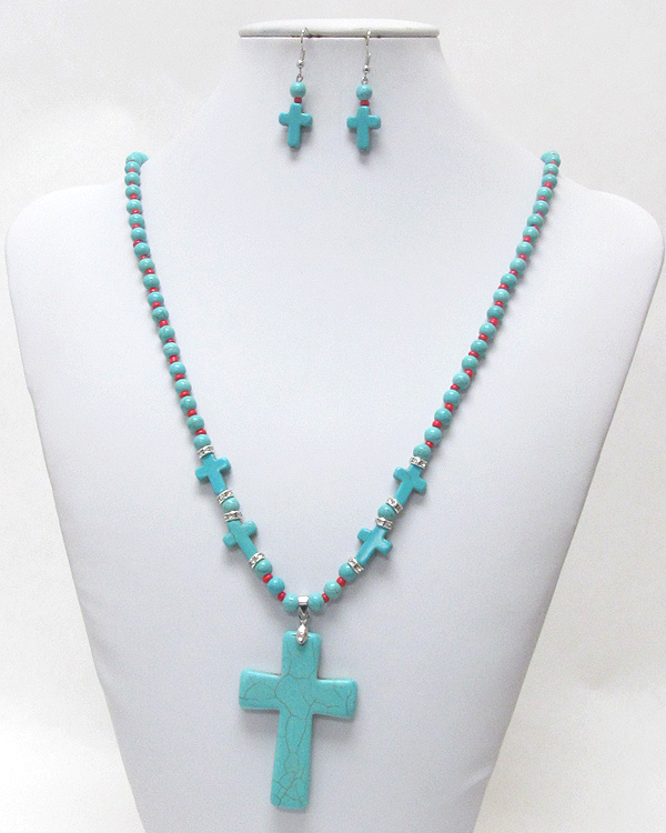 Turquoise cross pendant and ball necklace earring set