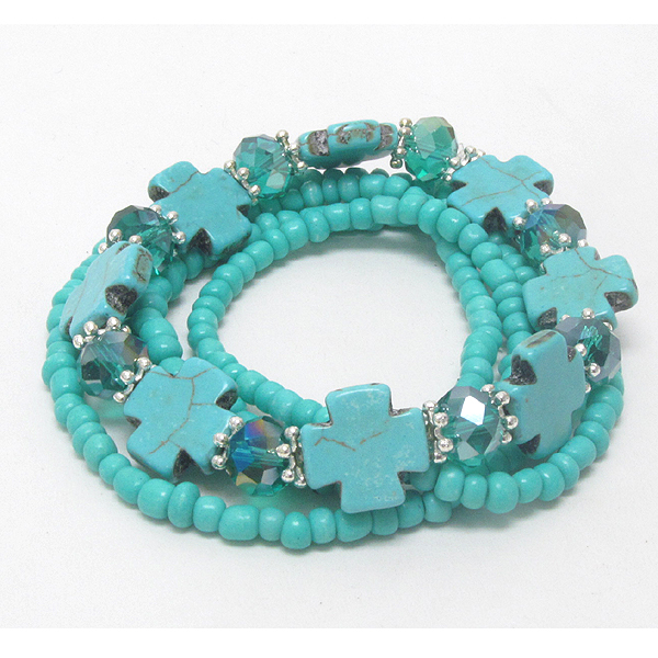 Multi row turquoise cross stretch bracelet set