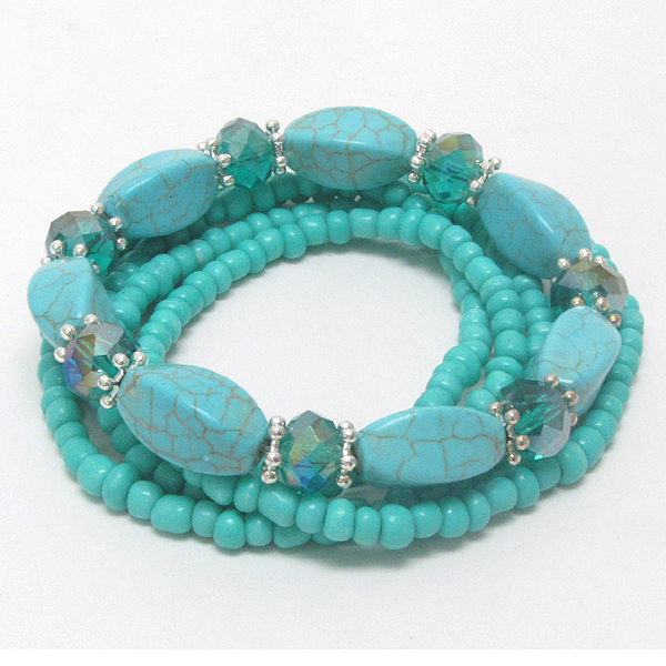 Multi row turquoise stone stretch bracelet set