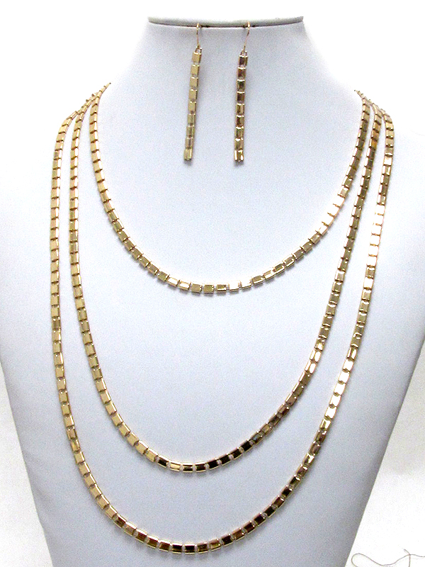 Three layered plate chain link necklace earring set