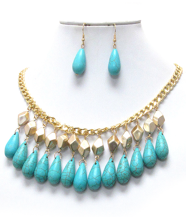 Multi teardrop turquoise drop chain necklace earring set