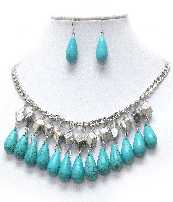 Multi teardrop turquoise drop chain necklace earring set