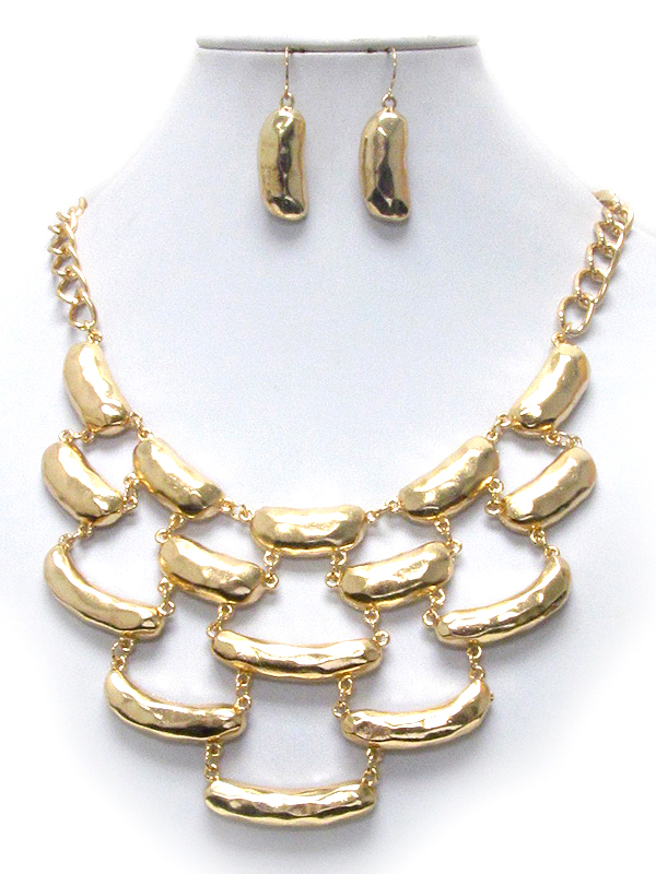 Multi hammered bean link bib style necklace earring set