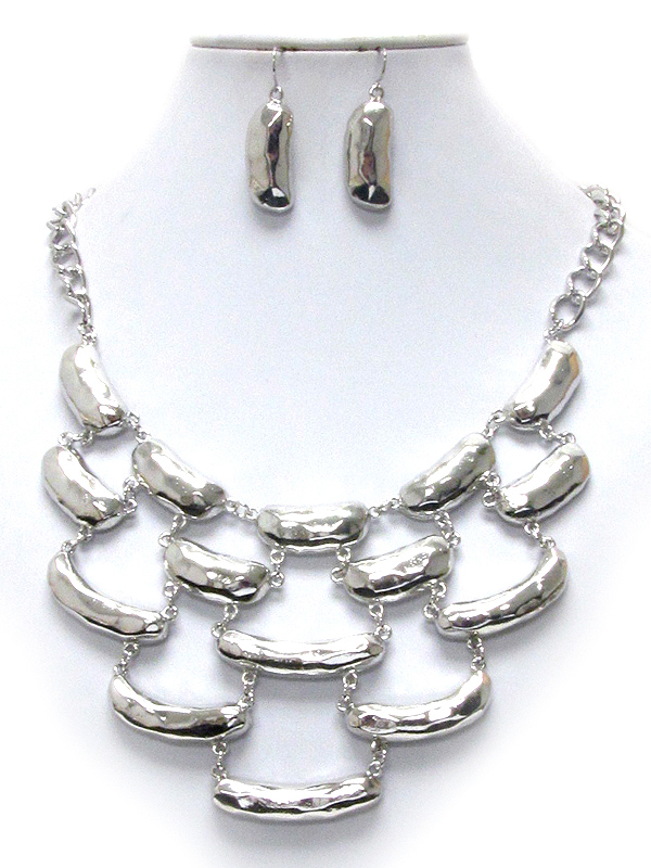 Multi hammered bean link bib style necklace earring set