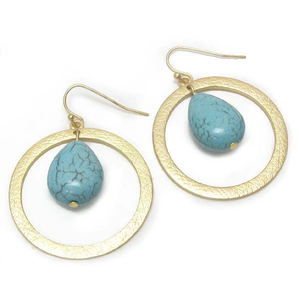 Scratch metal hoop and teardro turquoise earring