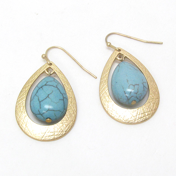 Scratch metal and teardrop turquoise earring