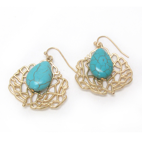 Metal filigree leaf and turquoise earring