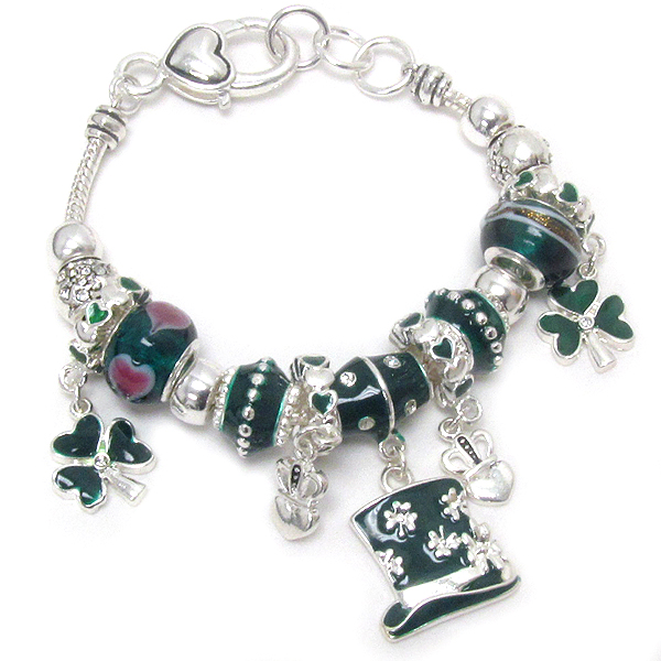 Epoxy deco saint patrick theme clover charm and ring pandora style bracelet