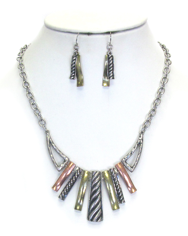 Textured metal bar drop tribal look necklace set