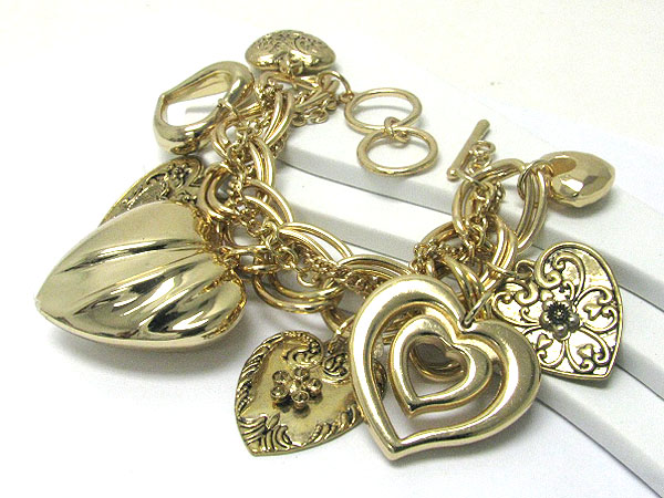 Mixed metal heart charm dangle toggle bracelet