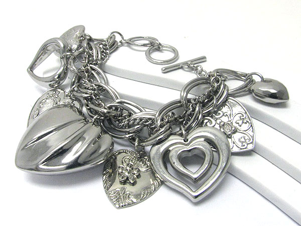 Mixed metal heart charm dangle toggle bracelet