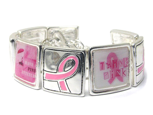 Pink ribbon theme picture disk link bracelet - breast cancer awareness