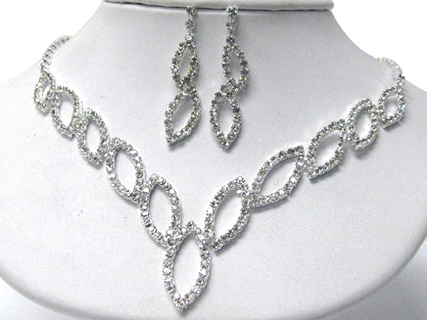 Rhinestone multi leaves link necklace earring set