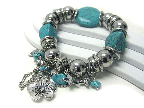 Turquoise and flower charm stretch bracelet