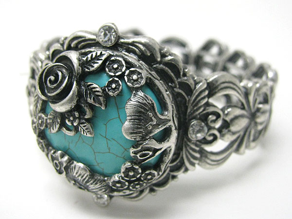 Turquoise stone and flower deco casting metal stretch bracelet