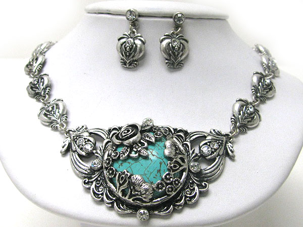 Turquoise stone and flower deco casting metal necklace earring set