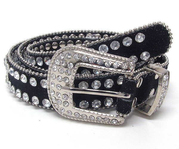 Crystal metal buckle with two line crystal with small metal ball on leather belt