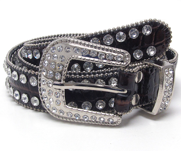 Crystal metal buckle with two line crystal with small metal ball on leather belt