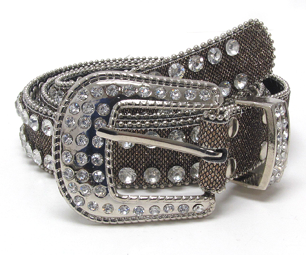 Crystal metal buckle with two line crystal whith small metal balls on glitter leather belt