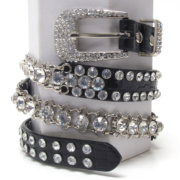 Crystal metal buckle with two line crystal chain and leather belt