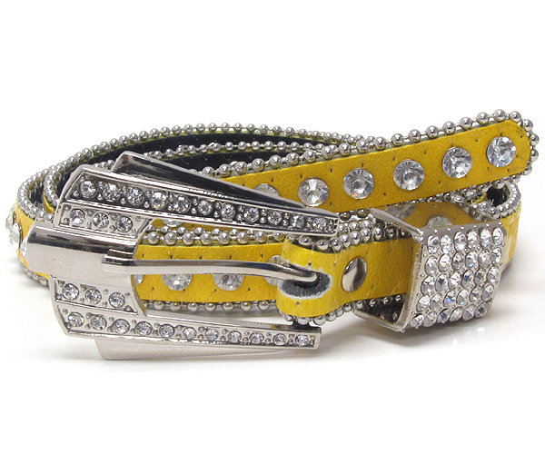 Crystal and texterd metal buckle with one line crystal with small metal balls on leather belt