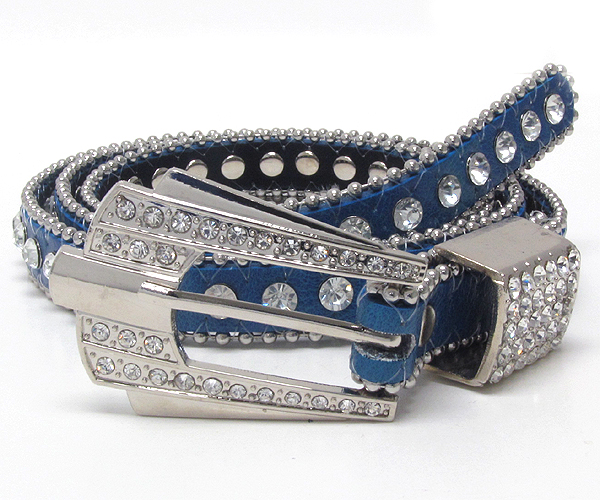 Crystal and texterd metal buckle with one line crystal with small metal balls on leather belt