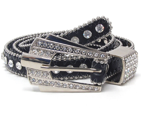 Crystal and texterd metal buckle with one line crystal with small metal balls on leather belt