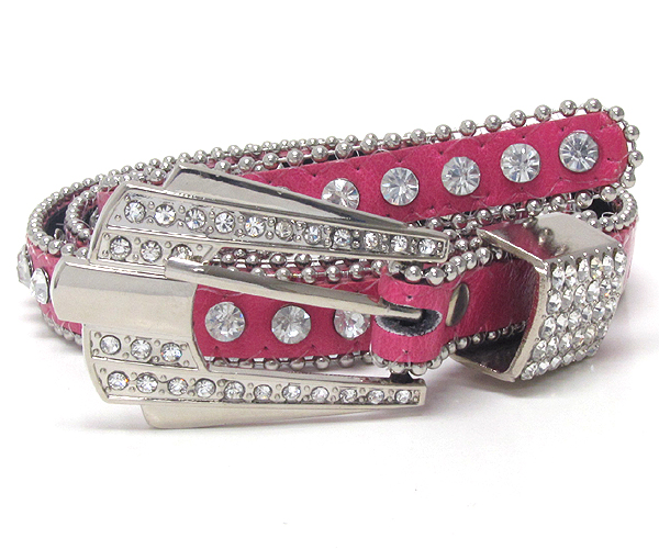 Crystal and texterd metal buckle with one line crystal with small metal balls on leather belt