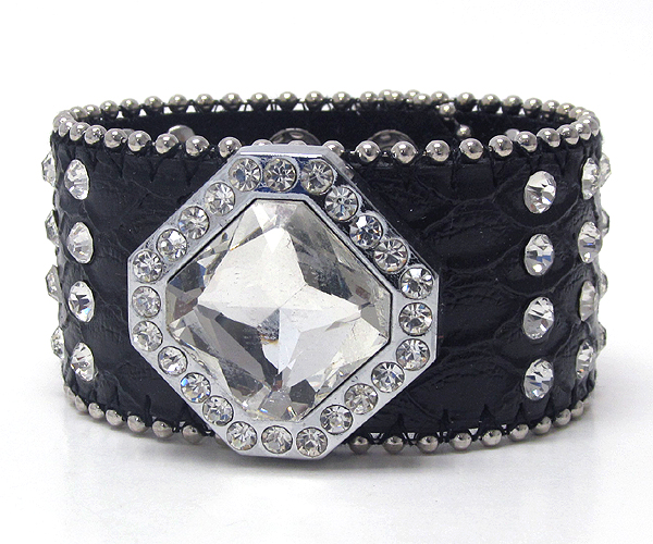 Multi size crystal and and crystal glass triangle small metal ball on leather button bracelet