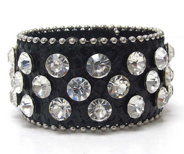 Multi crystal and small metal ball on leather button bracelet