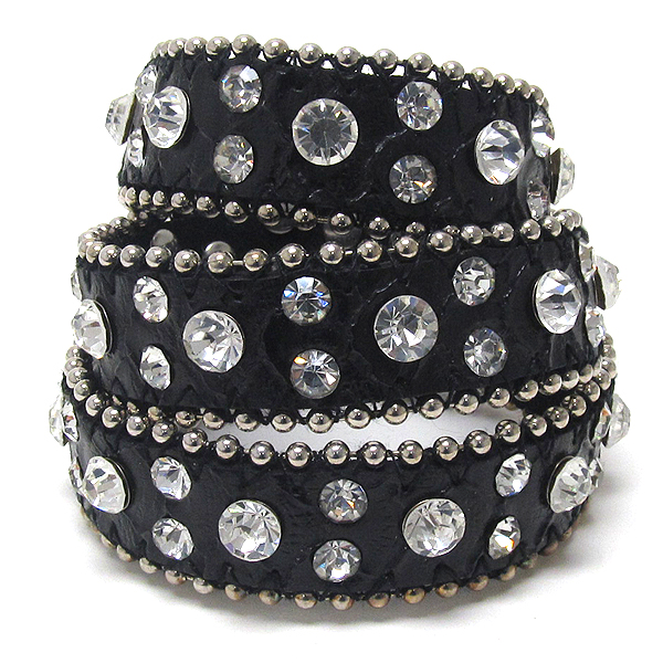 Multi size crystal with small metal ball on leather wrap button bracelet