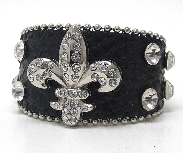 Crystal metal fleur de lis with metal balls on leather button bracelet