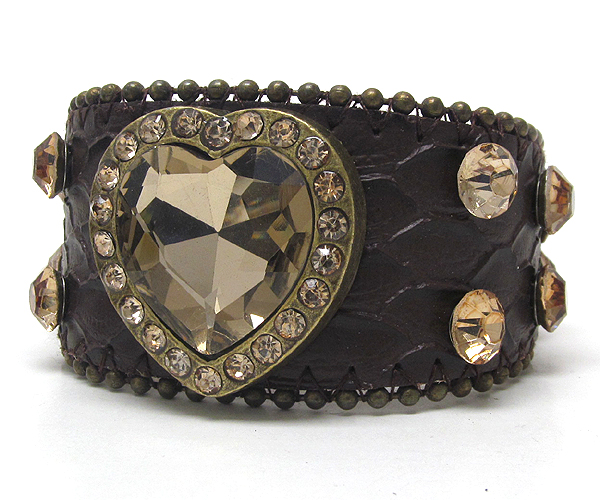 Multi  crystal and crystal glass heart with small metal ball on leather button bracelet