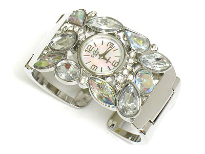 Multi crystal and epoxy stone deco cuff watch