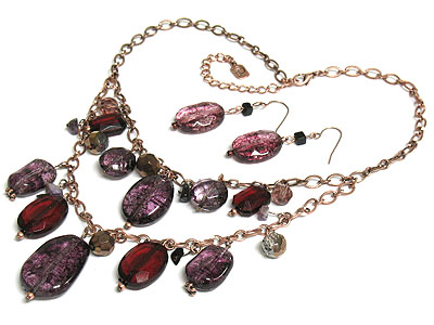 Double strand multi beads drop necklace and earring set