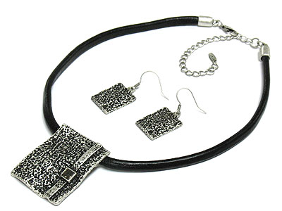 Burnish metal square pendant and suede cord necklace and earring set