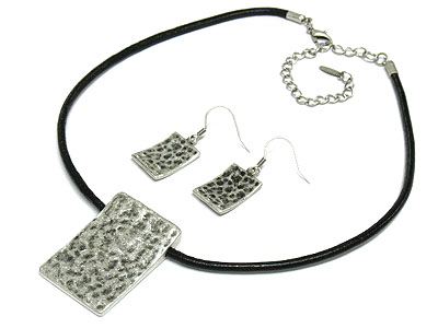 Burnish metal square pendant and suede cord necklace and earring set