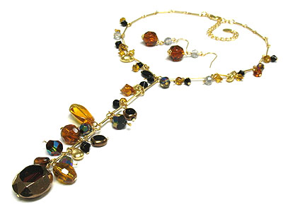 Genuine glass beads cluster y drop necklace and earring set