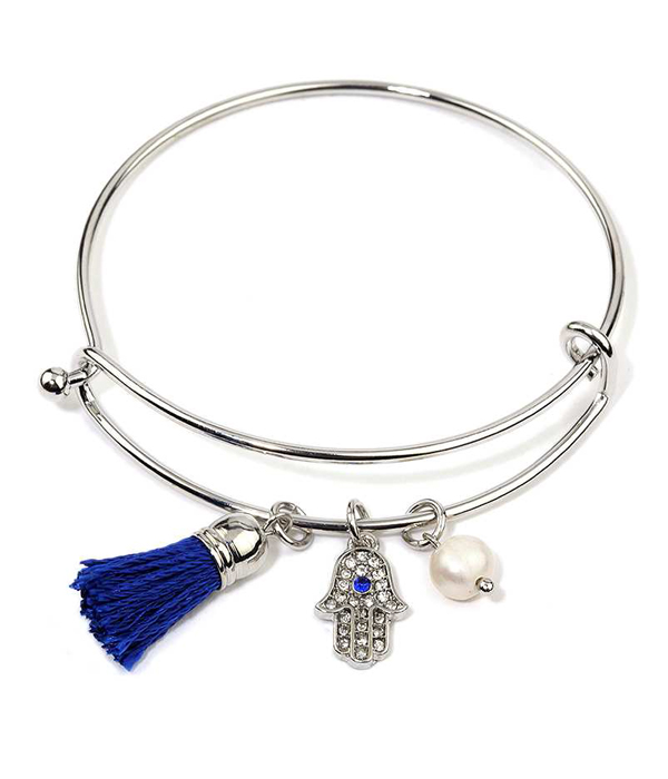 Crystal hamsa and thread tassel wire bangle bracelet